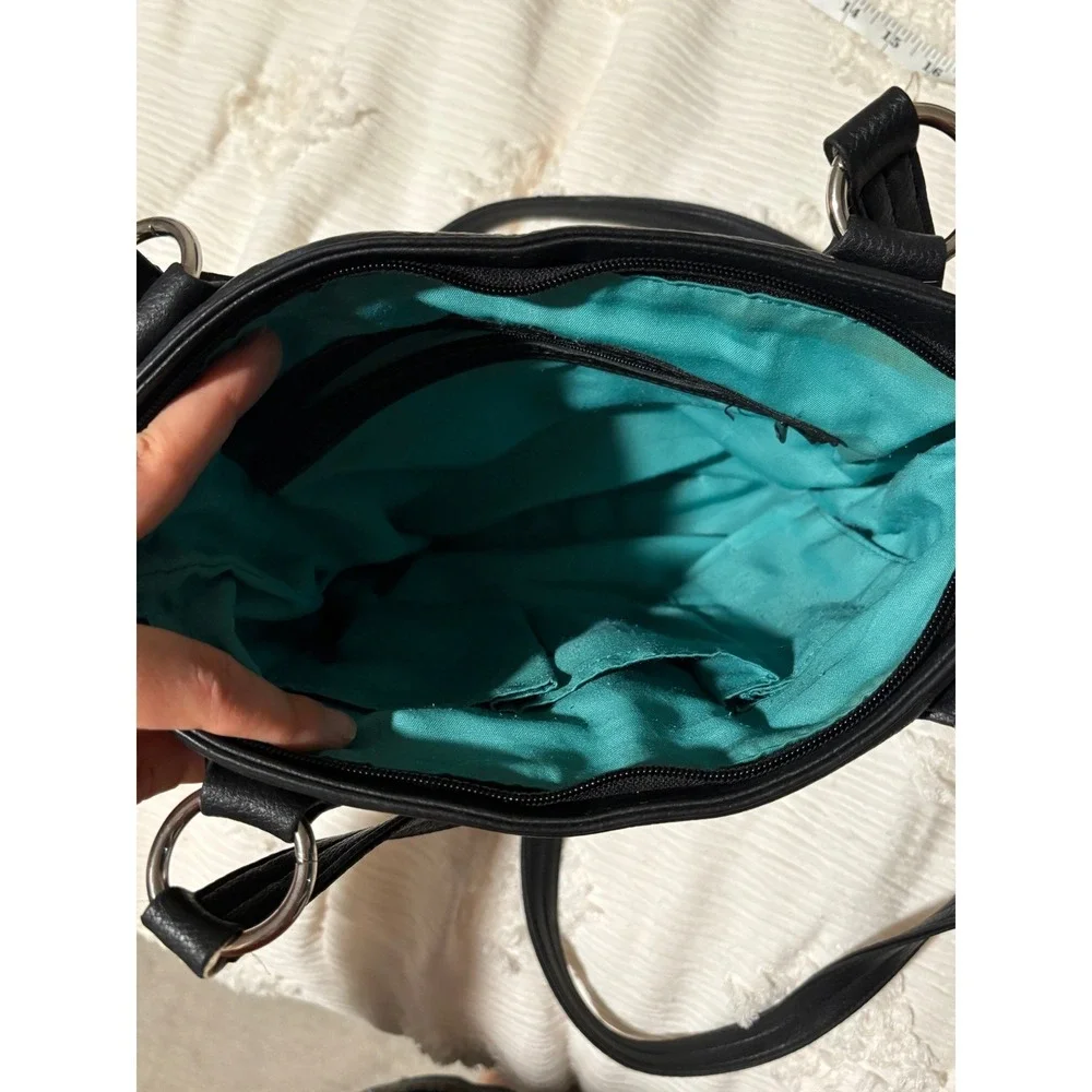 Black Pebbled Leather Shoulder Bag Turquoise Lining Classic Minimalist